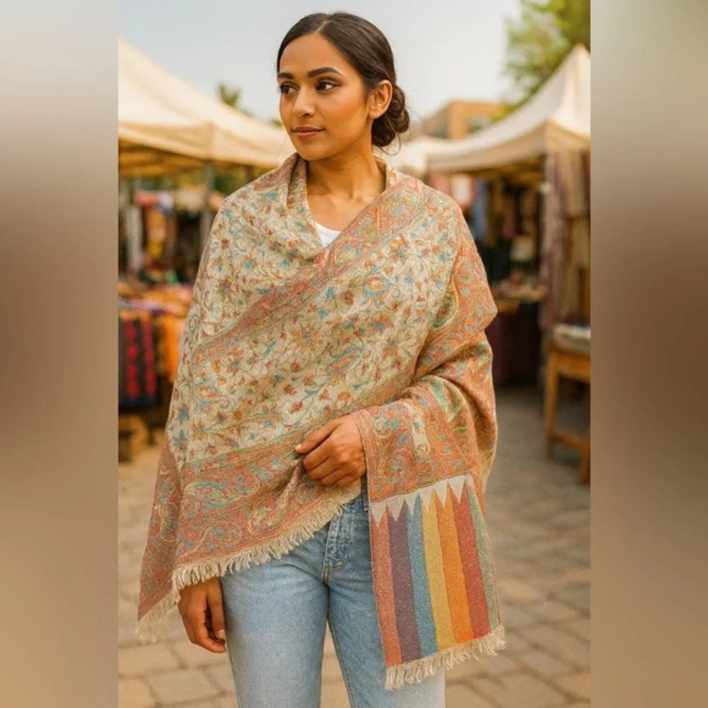 ✨ Luxe Indian Wool–Silk Jacquard Shawl | Hyderabad Artisan Weave | 30 x 80 NWOT - Picture 1 of 13
